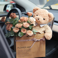Sac en papier kraft pour artisanat, motif ours en fleurs, bouche plate classique, emballage cadeau pour bouquet de la Saint-Valentin