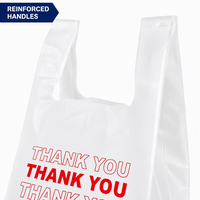 Sacs de courses en T-shirt avec poignées renforcées, imprimés personnalisés, rouges, avec message 'Merci' et 'Bonne journée', écologiques, recyclables, imperméables, et cadre photo