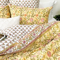 Parure de lit 100 % coton style bohème à imprimé floral jaune, motif botanique indien, housse de couette Queen/King