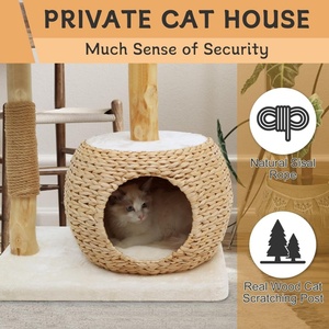 Tour d'activités pour chat d'intérieur de luxe, moderne, en bois véritable, hauteur réglable, avec griffoir, plateformes de saut et jouet suspendu en carton - Product Image 3