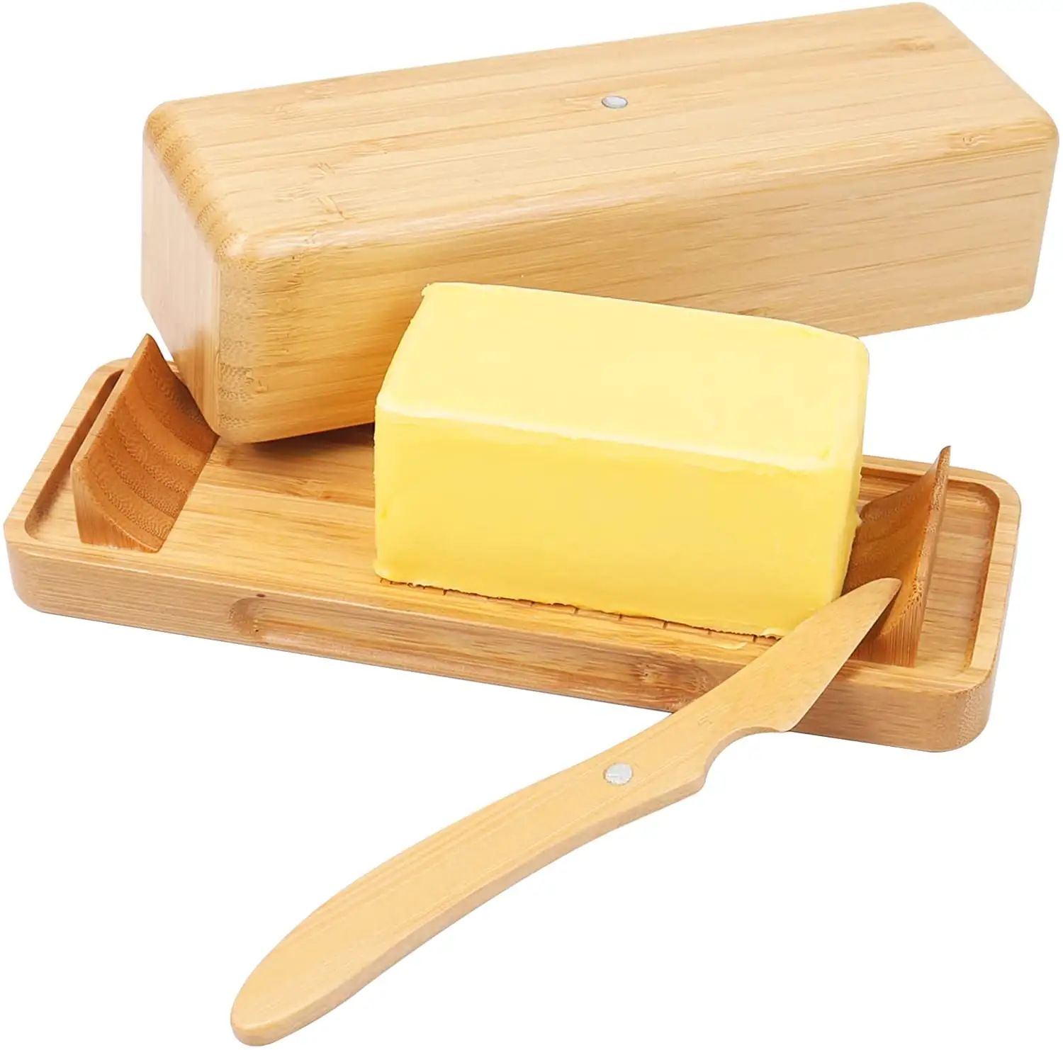 測定値付きテーブル用竹バターホルダーと簡単なスクープランプ付き蓋バターキーパー付きナイフバターディッシュ