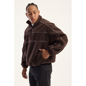 Felpa Oversize da <span class=keywords><strong>Uomo</strong></span> <span class=keywords><strong>con</strong></span> <span class=keywords><strong>Mezza</strong></span> <span class=keywords><strong>Zip</strong></span> e Logo Personalizzato, Pullover in Pile Marrone a Righe, Abbigliamento Casual Streetwear Invernale - Product Image 3