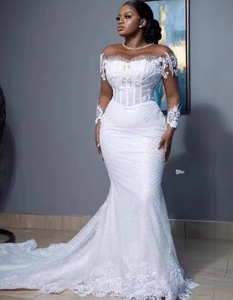 Drop Ship 2023 Mermaid Wedding <strong>Dress</strong> <strong>With</strong> Long Sleeves <strong>Pearls</strong> Tulle Lace Bridal Gown Sweep Train Vestido De Novia - Product Image 1