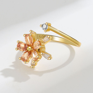 Flower Spinner <b>Rings</b> Claw <b>Set</b> Pear Cut Champagne Cubic Zirconia Copper Gold Plated Anxiety Jewelry Gift For <b>Women</b> - Product Image 4