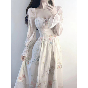 Simani Floral Chiffon Tea Party Dress Square Neck Long Sleeve A-Line Empire Waistline Women's Cocktail Dress - Product Image 2