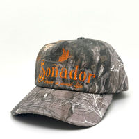 Gorra de béisbol de 5 paneles de sarga de algodón con camuflaje de árbol, de lujo, en blanco, para venta al por mayor, con bordado de logotipo de mariposa con letras vintage personalizadas, para exteriores