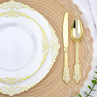 Ensemble de vaisselle jetable en plastique sans BPA, 175 pièces, élégant, blanc, avec bordure dorée en relief, assiette de présentation, assiette à salade, pour mariage et fête