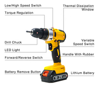 Kit d'outils électriques jaunes neufs, perceuse électrique, outils à main, perceuse sans fil 48V sans balais avec 2 batteries au lithium 1,3 Ah et chargeur
