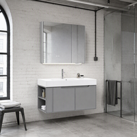 Meuble de salle de bain en contreplaqué avec miroir gris, vasque flottante, éclairage LED tactile intelligent, double porte, étagères latérales de rangement pour appartement