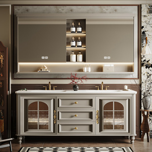 French Retro Style <strong>Bathroom</strong> Vanity with Single/Double Sink - Solid Wood <strong>Freestanding</strong> <strong>Bathroom</strong> Vanity Cabinet LED Defog <strong>Mirror</strong> - Product Image 1