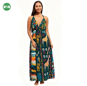 Custom Print Deep V-neck Backless <strong>Strappy</strong> <strong>Summer</strong> Long <strong>Dress</strong> for Women with Elastic Waistband HOUSON FACTORY - Product Image 1