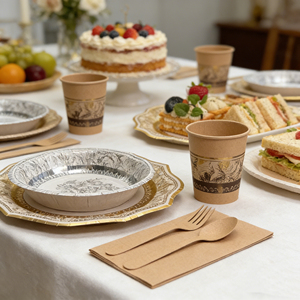 סיטונאי מתכלה אירופאי וינטג' סִגְנוֹן כוסות נייר יוקרתיות צלחות סט כלי שולחן חד פעמיים למסיבה משתה חתונה - Product Image 5