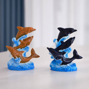 Figurines de dauphins en résine, 3 pièces, design vague bleue, décoration d'aquarium, ornement de style méditerranéen moderne - Product Image 2