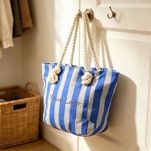 Sac fourre-tout écologique promotionnel, logo de marque personnalisé imprimé, motif rayé, sac de shopping en coton avec poignée en corde - Product Image 5