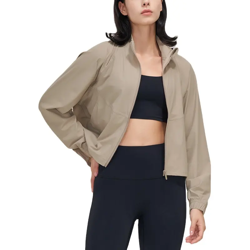 Aoyema High Collar Sports Jacket Women Loose Training Workout Jacket Zipper Running Fitness Tracksuits Pocket Long Sleeve Tops