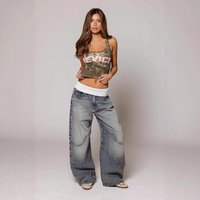 Nouveau pantalon en jean tissé uni taille mi-haute coupe droite ample pour femme 2026