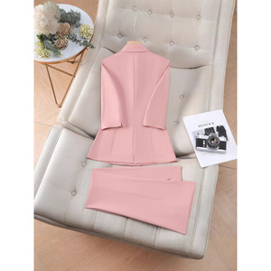 Women's Pink Three Quarter Sleeve Suit Set Blazer And Pants Two Piece Formal Workwear For Commute Spring Summer Autumn - Product Image 3