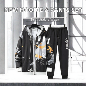 New Arrival Autumn Casual Printed <b>Knitted</b> Polyester 2-Piece Hoodie and Pants <b>Set</b> - Product Image 2