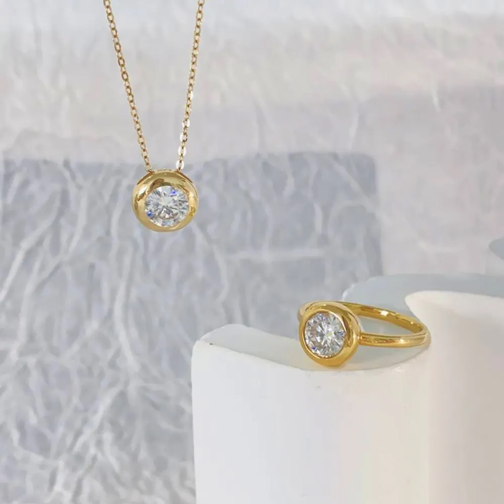 Personalized 14k Real Gold 1ct Moissanite Rings Oem Odm Round Bezel Set Moissanite Diamond Fine Jewlery