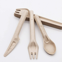 Fourchette, couteau et cuillère jetables compostables en bagasse de canne à sucre, couverts biodégradables pour la restauration à emporter, vente en gros