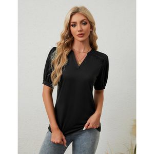 Blusa de manga abullonada para mujer, cuello en V, manga corta, plisada, informal, top de verano, camisa transpirable de poliéster - Product Image 2