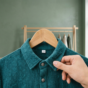 Chemise décontractée ample unie pour homme en velours côtelé délavé, boutonnée sur le devant, manches longues, vert sarcelle, taille 110 - Product Image 2