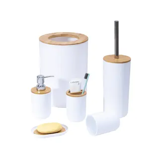 China Supplier Wholesales Modern Matt Plastic Cylinder Bathroom Accessories Sets with Bamboo Wood