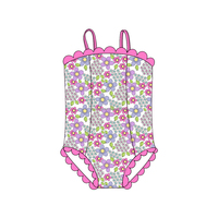 Traje de Baño de Una Pieza con Estampado Floral para Niñas, Corte Ajustado Premium, Tirantes Finos, Ribete de Encaje, Impresión de Logotipo Personalizado, OEM ODM