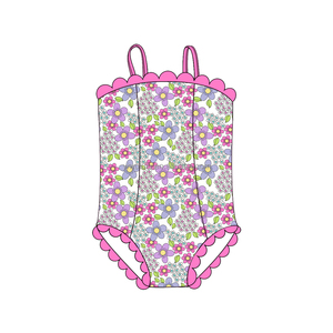 Maillot de bain une pièce floral pour filles, coupe ajustée premium, bretelles spaghetti, bordure en dentelle, impression de logo personnalisé, OEM ODM - Product Image 2