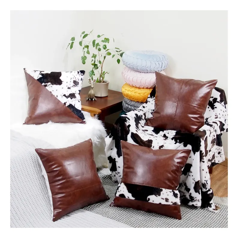 Fournisseur d'usine Taie d'oreiller en cuir de fausse fourrure brillante imperméable de luxe européen avec bande en peau de vache