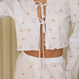 QINSI Wholesale Pj Lace up Women Pajamas <strong>Dog</strong> Printed Ruffled Loungewear Knitted Long Sleeved Trousers Two Piece Nightwear - Product Image 5