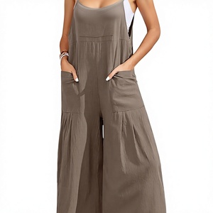 Combinaison pour femme à taille haute, couleur unie, sans manches, à jambes larges, avec poches, coupe ample décontractée, en coton et fibre de bambou, pour le printemps et l'été - Product Image 3