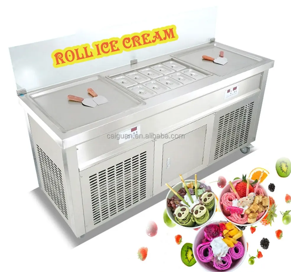 Rollo de helado de fruta frita Equipo de máquina para hacer 2 sartenes Placa Fría/Máquina de helado enrollado Frito