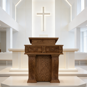 Pupitre d'église <span class=keywords><strong>en</strong></span> <span class=keywords><strong>bois</strong></span> avec sculptures complexes, fabrication professionnelle pour les églises missionnaires - Product Image 2