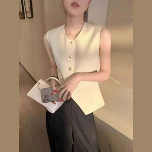 <span class=keywords><strong>Chaleco</strong></span> de Tela Elegante para <span class=keywords><strong>Mujer</strong></span>, Estilo Europeo y Americano, Verano 2026, Cuello Redondo, Sin Mangas, con Botones Dorados - Product Image 1