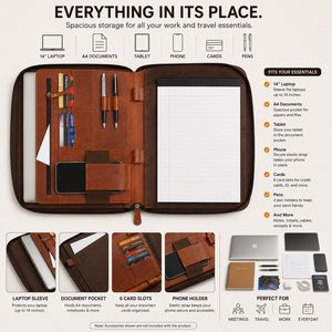 Leather Padfolio Portfolio Organizer with Zipper Professional <b>Document</b> Tablet <b>Holder</b> Rectangle Desk Storage Bag Compression Type - Product Image 4