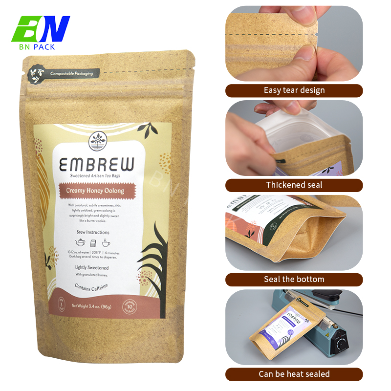 100% Home Compostable Kraft Paper Stand Up Pouch For Daily Food Packaging