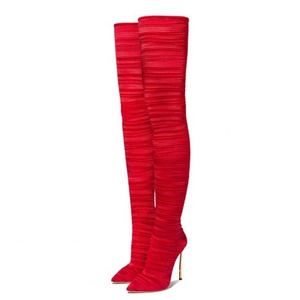 Bottines sexy en satin rouge extensible pour femmes, talons aiguilles métalliques, bottes longues au-dessus du genou, bottes pointues pour femmes, bottes hautes jusqu'à la cuisse - Product Image 1