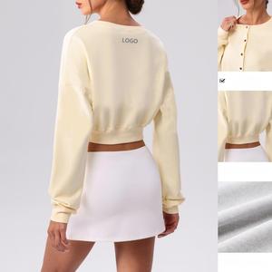 Veste à manches longues pour femme, sweat-shirt court boutonné, veste décontractée pour le fitness, la course à pied en plein air, cardigan pour le printemps, utilisation en extérieur et en salle de sport - Product Image 2