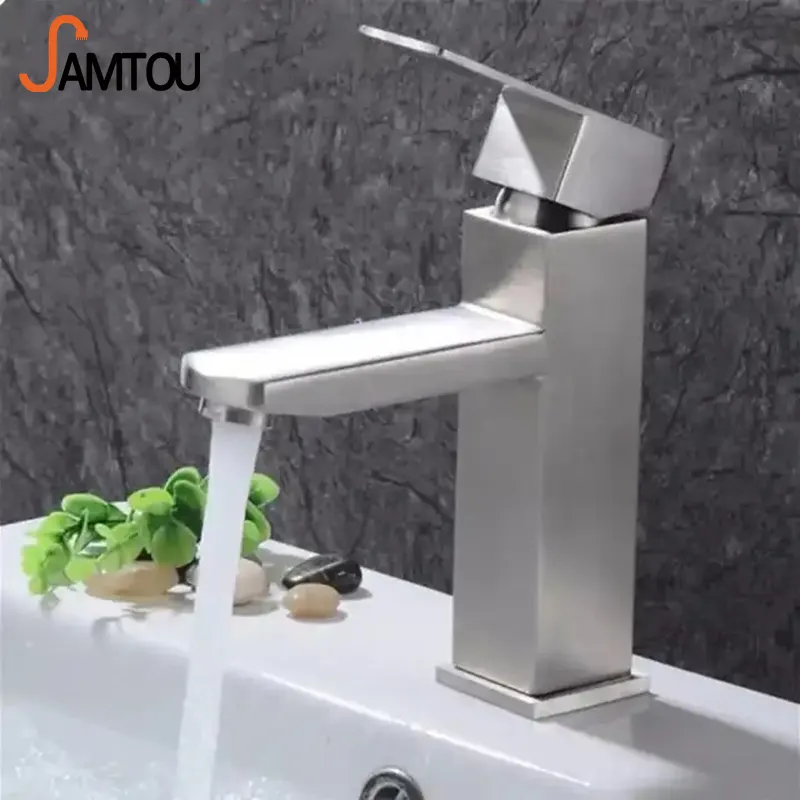 SAMTOU robinet de lavabo carré en acier inoxydable 304 mitigeur de lavabo chaud et froid mitigeur évier en Nickel brossé robinet de salle de bain