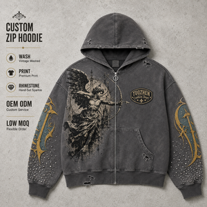 Felpa con Zip Oversize da Uomo in Cotone Pesante, Stile Vintage Retrò, Nera Sbiadita con Strass, Effetto Distressed, Streetwear - Product Image 1