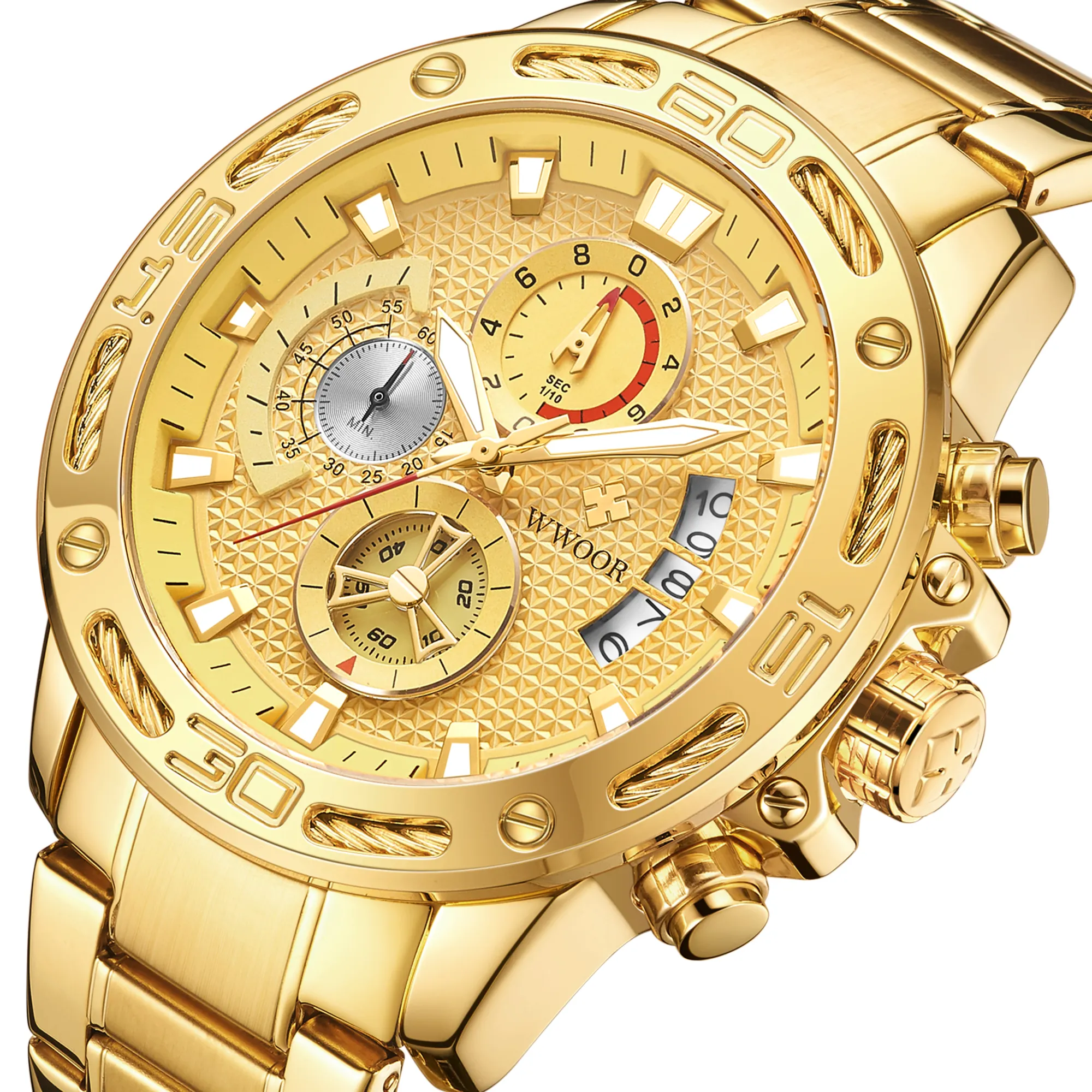 WWOOR 8879 Relógio De Pulso De Quartzo Impermeável Esporte Relógio Cronógrafo Ouro Aço Inoxidável 2021 Nova Marca De Luxo Men Business Alloy