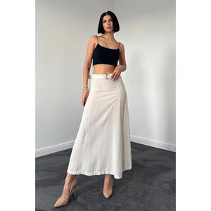 Jupe plissée en cuir beige avec broderie de sequins, style portefeuille formel, en tissu tricoté pour le printemps, vente en gros - Product Image 3