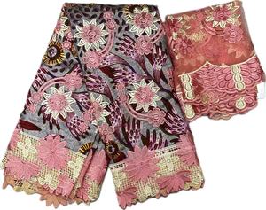 新入荷のアフリカンワックスレース生地、花柄刺繍入り、ナイジェリアのウェディングドレス用、3Dレース5ヤードとスカーフ生地付き - Product Image 1