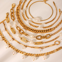 Pulseras de Cadena Cubana de Acero Inoxidable con Oro de 18K y Perlas Naturales de Agua Dulce para Mujer, para Regalo