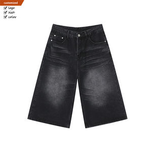 Pantalones vaqueros de pierna ancha holgados rectos de verano para <span class=keywords><strong>hombre</strong></span> personalizados, pantalones cortos de mezclilla recortados drapeados de pierna ancha negros, pantalones vaqueros holgados para <span class=keywords><strong>hombre</strong></span> - Product Image 1