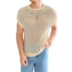 Spring Summer Round Neck Sweater Cap Sleeve Men Pullover Hollow Out Sweater