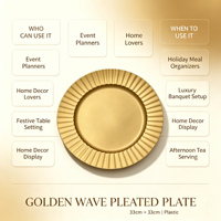 Assiette de présentation en plastique PP dorée sur mesure, à bord plissé radial et motif gaufré, pour décoration de table de mariage et de fêtes