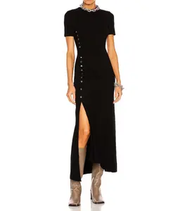 Custom Asymmetric Snap Fastening Ruched Midi Dress in Black Women's Dresses