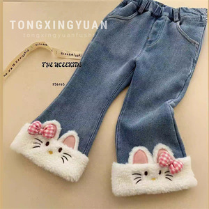 Tongxingyuan Children's Fleece-<b>Lined</b> Jeans Cartoon Pattern Winter 2024 Girls <b>Pants</b> - Product Image 1